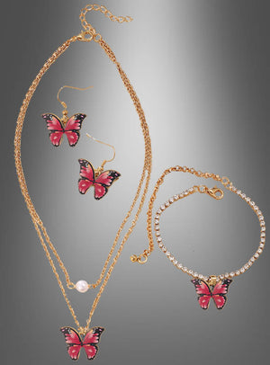 Das 4-teilige Schmetterling-Schmuckset ist ein Goldschmuckset mit rosa Schmetterlingsanhängern, bestehend aus einer doppelreihigen Halskette, passenden Ohrringen und einem mit Strasssteinen verzierten Armband, die alle wunderschön vor einem grauen Hintergrund mit Farbverlauf präsentiert werden. Ideal als Kostümschmuck, um jedes Schmetterlingskostüm zu vervollständigen.