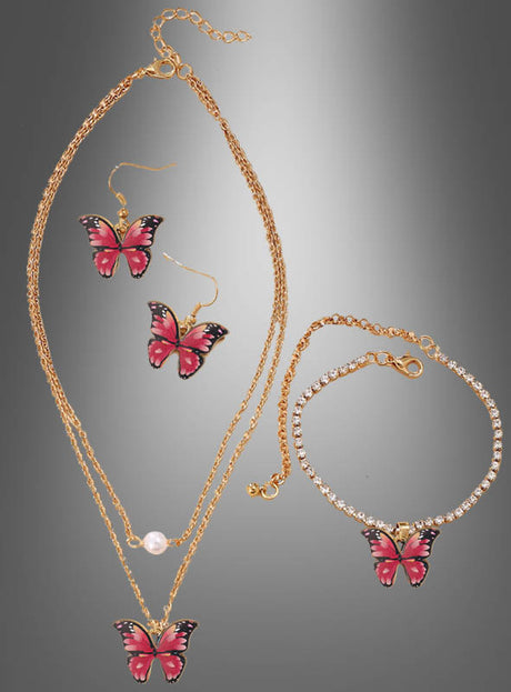 Das 4-teilige Schmetterling-Schmuckset ist ein Goldschmuckset mit rosa Schmetterlingsanhängern, bestehend aus einer doppelreihigen Halskette, passenden Ohrringen und einem mit Strasssteinen verzierten Armband, die alle wunderschön vor einem grauen Hintergrund mit Farbverlauf präsentiert werden. Ideal als Kostümschmuck, um jedes Schmetterlingskostüm zu vervollständigen.