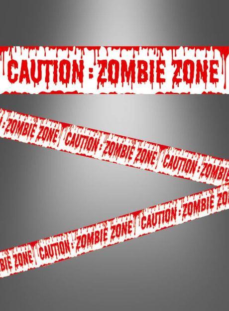 Ein rot-weißes Absperrband mit der Aufschrift „CAUTION: ZOMBIE ZONE“ in tropfender Schrift erstreckt sich über einen metallgrauen Hintergrund und ist damit die perfekte 6-Meter-Halloween-Dekoration für Ihre nächste Zombie-Party. Nutzen Sie dieses gruselige Absperrband, um die richtige Atmosphäre zu schaffen und Ihre Partygäste in höchster Alarmbereitschaft zu halten!.