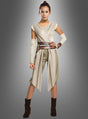 Vor einem grauen Hintergrund mit Farbverlauf steht eine Frau selbstbewusst da, gekleidet im „STAR WARS Episode 7 Rey Kostüm Deluxe“ – einem beige-braunen, von Science-Fiction inspirierten Ensemble mit Armwickeln, einem Gürtel in der Taille, einer kurzen Hose und Stiefeln. Dieser Look ist perfekt für Ihren nächsten Auftritt in Ihrem Star Wars-Damenkostüm.