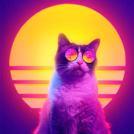 Eine Katze mit einer reflektierenden Sonnenbrille sitzt vor einer stilisierten Neon-Sonne in leuchtenden Violett- und Gelbtönen.