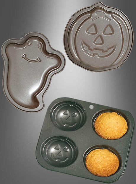 Zu sehen ist die Backform „Kuchen oder Muffin“ zum Thema Halloween mit Geister- und Kürbisformen sowie einem Muffinblech mit zwei Kürbisformen und zwei runden Muffinformen.