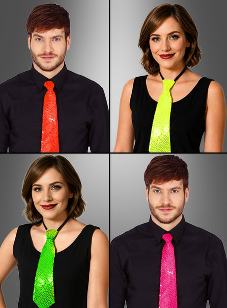 Auf vier Fotos sind zwei Personen zu sehen, die jeweils schwarze Oberteile und die „Pailletten Krawatte Neon“-Krawatten in leuchtendem Grün, Gelb, Rot und Rosa tragen. Vor einem schlichten grauen Hintergrund sind diese glitzernden Paillettenkrawatten das ideale Kostüm-Accessoire für jeden festlichen Anlass.