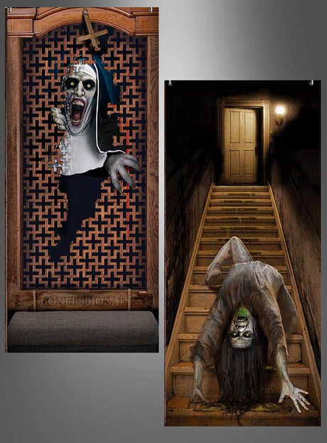 Verwandeln Sie Ihr Zuhause mit dem Halloween-Türposter „179 x 80 cm – Nonne oder Treppe“ in einen gruseligen Albtraum – wählen Sie zwischen einer furchterregenden Zombie-Nonne, die aus einem Beichtstuhl hervortritt, oder einer unheimlichen, kriechenden Zombie-Frau auf der Treppe im schwachen Licht. Beide Motive eignen sich perfekt für schaurige Schreckmomente und gruselige Halloween-Dekoration.