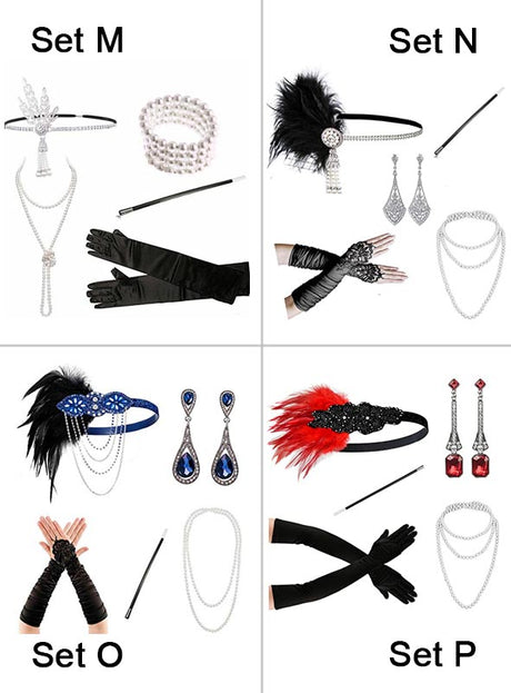 Vier Accessoire-Sets mit den Bezeichnungen M, N, O und P – jeweils ein stilvolles 5-teiliges Zubehörset im Stil der 20er Jahre in Silber, bestehend aus einem Stirnband, Handschuhen, Schmuck und einer Zigarettenspitze – sind in einem 2×2-Raster angeordnet.