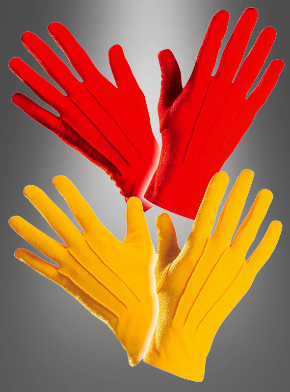 Vor einem grau abgestuften Hintergrund sind zwei Paare „Kurze Handschuhe verschiedene Farben“ zu sehen, eines in Rot und eines in Gelb. Diese farbenfrohen Handschuhe verleihen jedem Look einen lebendigen Akzent und eignen sich daher perfekt, um Ihr Karnevalskostüm abzurunden oder Ihrem Outfit fröhliche Farbtupfer zu verleihen.