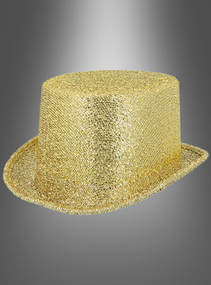 Ein glitzernder Zylinderhut in Gold, ideal für Ihr Karnevalskostüm oder Ihr Showtanz-Outfit, ist vor einem grauen Farbverlaufshintergrund abgebildet.