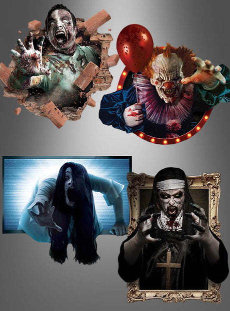 Vier Figuren zum Thema Horror machen das „Großes Wandbild 70x80cm Halloween-Deko“ zu einem wahrhaft gruseligen Blickfang: ein Zombie, der durch Ziegelsteine bricht, ein unheimlicher Clown mit einem roten Ballon, eine geisterhafte Frau, die nach vorne greift, und eine dämonische Nonne, die ein Kreuz in einem Rahmen hält. Perfekt als Horror-Wandaufkleber, um Ihre Wände für die gruselige Jahreszeit zu verwandeln.