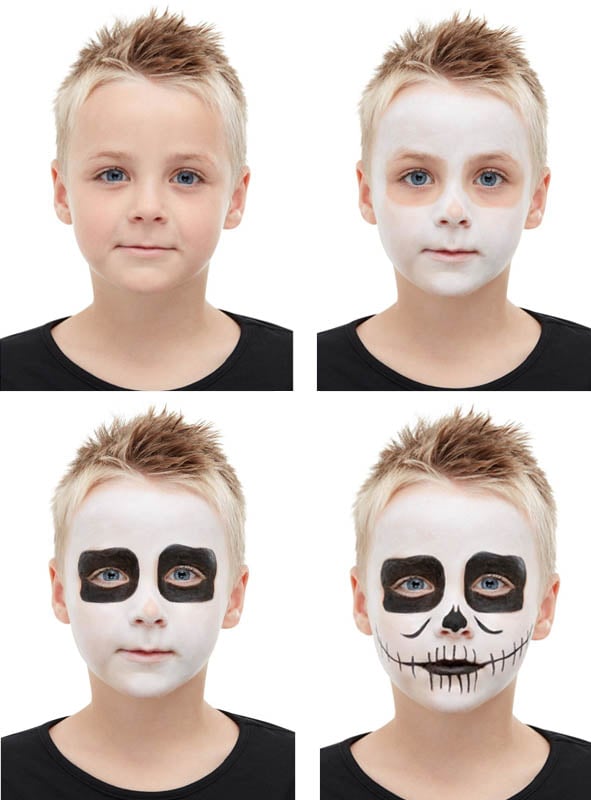 Vierteilige Bildserie eines blondhaarigen Kindes: Das obere linke Bild ist ungeschminkt, während in den nächsten drei Bildern nach und nach „Skelett Aqua Make-Up für Kinder“ aufgetragen wird, um ein auffälliges Skelett-Gesichtsdesign zu kreieren – die perfekte Halloween-Kinderschminke, die Kinder lieben werden.