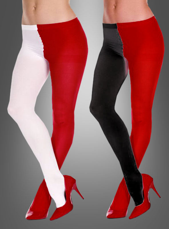 Zwei Frauen stehen in zweifarbigen Strumpfhosen XXL in auffälligen Color-Block-Designs da: Ein Paar ist zur Hälfte rot und zur Hälfte weiß, während das andere Rot und Schwarz kombiniert. Beide Paare werden vor einem grauen Hintergrund mit roten Stöckelschuhen kombiniert, wodurch diese auffälligen zweifarbigen Strumpfhosen XXL besonders gut zur Geltung kommen.