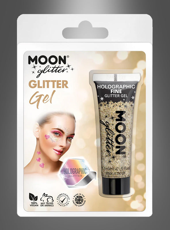 Eine Packung Glitzergel Gold 12 ml für Gesicht und Körper, abgebildet mit einem Model, das holografisches Glitzer-Make-up im Gesicht trägt. Die Symbole weisen darauf hin, dass das Produkt vegan, tierversuchsfrei und dermatologisch getestet ist.