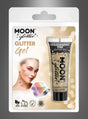 Eine Packung Glitzergel Gold 12 ml für Gesicht und Körper, abgebildet mit einem Model, das holografisches Glitzer-Make-up im Gesicht trägt. Die Symbole weisen darauf hin, dass das Produkt vegan, tierversuchsfrei und dermatologisch getestet ist.
