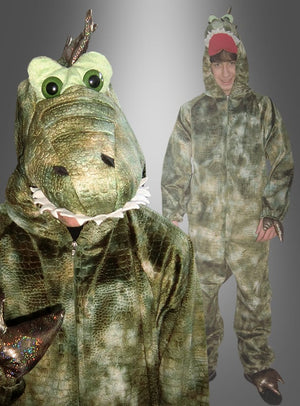 Zwei Personen tragen grüne Dinosaurier-Kostüme für Erwachsene; eine zeigt das komplette Outfit, während die andere den Fokus auf die detailreichen Kopf- und Gesichtsmerkmale des Kostüms legt – beide posieren vor einem schlichten grauen Hintergrund.