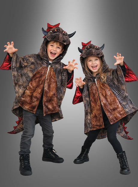 Zwei Kinder, die den „Schwarzer Drache“-Umhang für Kinder tragen – komplett mit Kapuzen, Flügeln und Schwänzen –, stehen nebeneinander und nehmen vor einem grauen Hintergrund mit Farbverlauf verspielte, brüllende Posen ein.