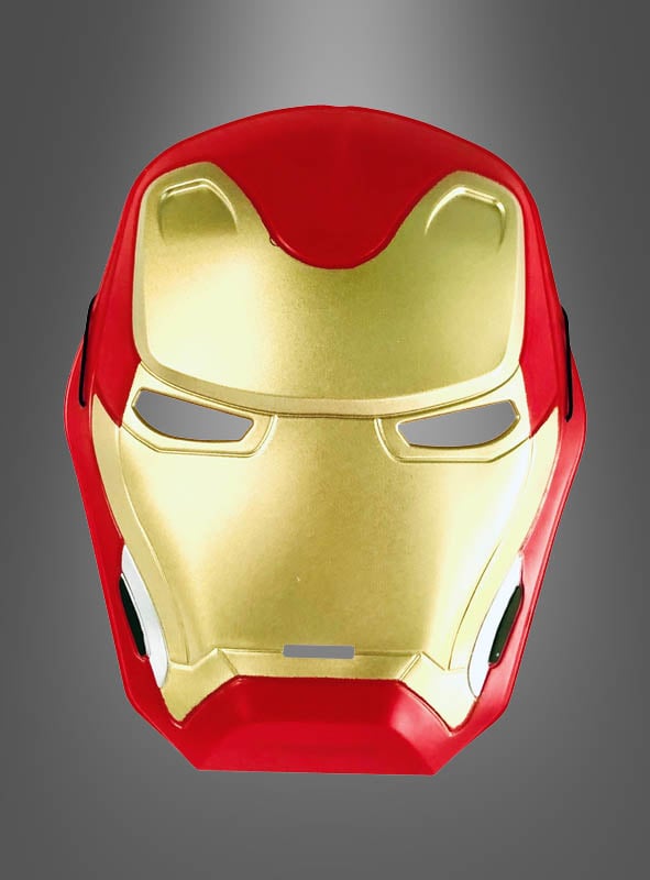 Eine rot-goldene Iron Man-Halbmaske für Kinder ist auf einem grauen Hintergrund mit Farbverlauf zentriert – perfekt für Marvel-Masken-Fans und junge Fans gleichermaßen.