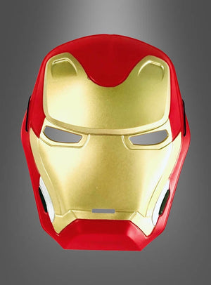 Eine rot-goldene Iron Man-Halbmaske für Kinder ist auf einem grauen Hintergrund mit Farbverlauf zentriert – perfekt für Marvel-Masken-Fans und junge Fans gleichermaßen.