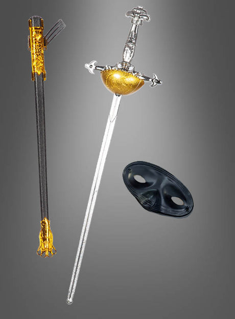 Das Kavallerie-Schwert mit Scheide (68 cm), bestehend aus einem silber-goldenen Degen mit passender, verzierter Scheide und einer schwarzen Augenmaske, wird vor einem grauen Hintergrund mit Farbverlauf präsentiert.