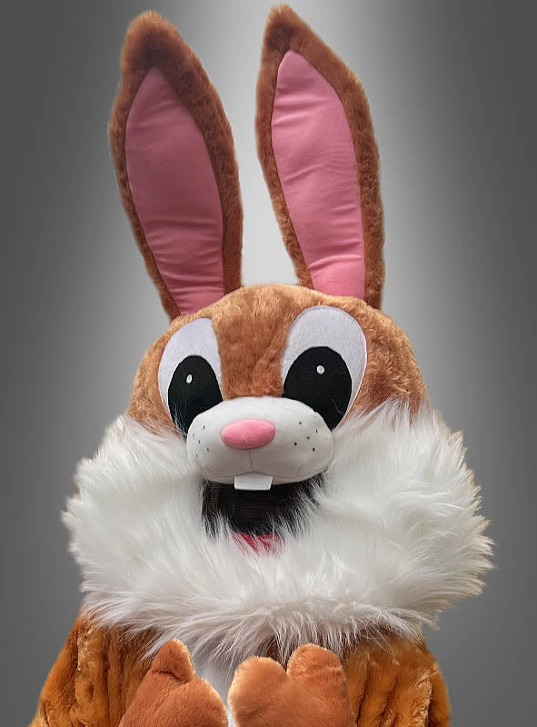 Eine Person in einem braun-weißen Hasenkostüm mit großen rosa Ohren, einem flauschigen weißen Bart und großen Comic-Augen, die das 6-teilige Hasen-Maskottchen-Set trägt und vor einem grauen Hintergrund mit Farbverlauf steht – perfekt für Karnevalsfeiern.
