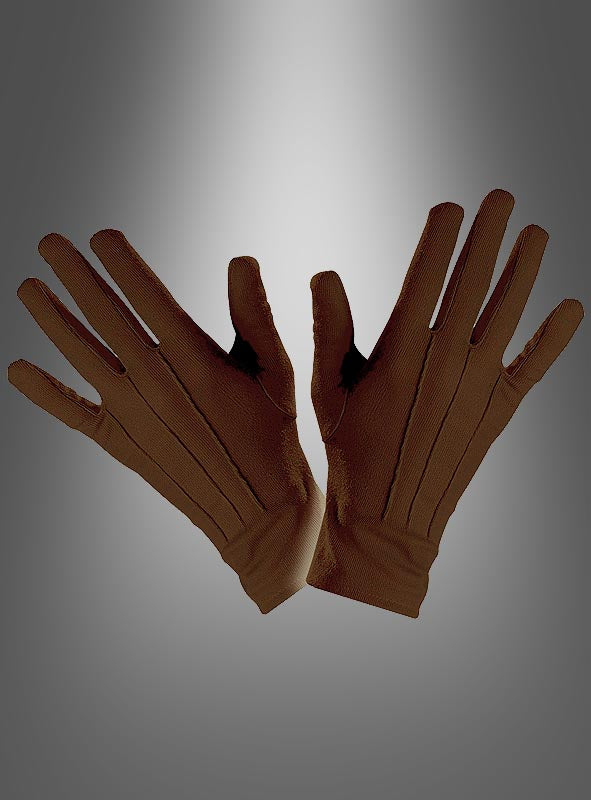 Ein Paar braune Handschuhe mit Biesen ist vor einem grau verlaufenden Hintergrund abgebildet, wobei die Handflächen dem Betrachter zugewandt sind und die Finger gespreizt sind.