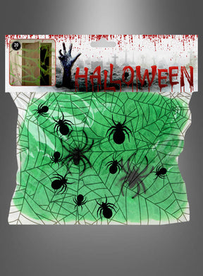 Eine Packung „Schwarzlicht Spinnenweben“ (20 g), hier vor grauem Hintergrund abgebildet, enthält grün leuchtendes Spinnennetzmaterial mit schwarzen Plastikspinnen – ideal, um als Teil Ihrer Halloween-Dekoration einen unheimlichen, leuchtenden Spinnennetz-Effekt zu erzielen.