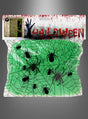 Eine Packung „Schwarzlicht Spinnenweben“ (20 g), hier vor grauem Hintergrund abgebildet, enthält grün leuchtendes Spinnennetzmaterial mit schwarzen Plastikspinnen – ideal, um als Teil Ihrer Halloween-Dekoration einen unheimlichen, leuchtenden Spinnennetz-Effekt zu erzielen.