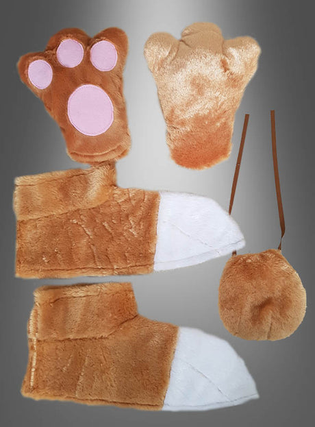 Ein entzückendes 6-teiliges Hasen-Maskottchen-Set aus flauschigen Kostümaccessoires, perfekt für den Karneval, bestehend aus zwei braun-weißen Pfoten-Hausschuhen, einem braunen Pfotenhandschuh mit rosa Ballen, einem hellbraunen Pfotenhandschuh und einem runden braunen Beutel mit Trägern – alles vor einem grau abgestuften Hintergrund präsentiert. Ideal, um Ihren Hasen-Maskottchen-Vollmasken-Look zu vervollständigen oder jedem festlichen Anlass eine verspielte Note zu verleihen.