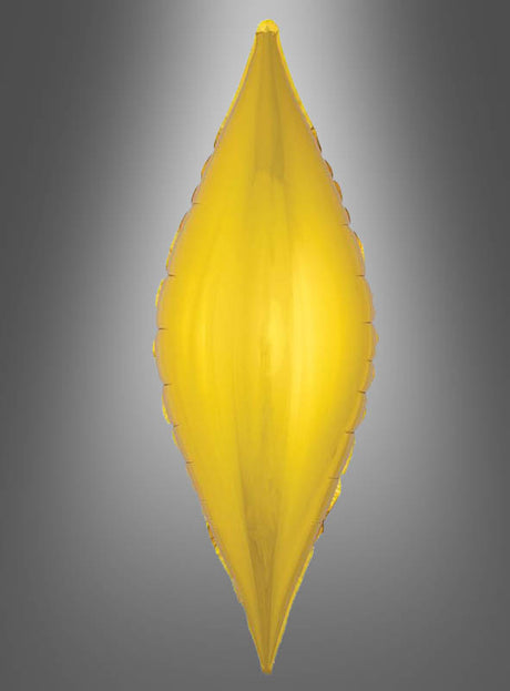 Goldene, symmetrische, blattförmige Skulptur „Ornament Folienballon Gold“ mit glatter Oberfläche, vertikal vor einem grau verlaufenden Hintergrund dargestellt.
