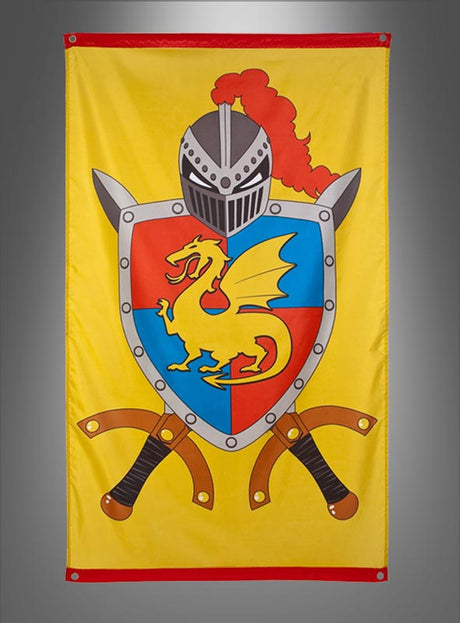 Eine riesige Fahne (150 x 90 cm) mit dem Motiv „Ritter und Drache“, auf der ein Ritterhelm, ein Schild mit einem gelben Drachen und zwei gekreuzte Schwerter auf einem grauen Hintergrund mit Farbverlauf abgebildet sind.