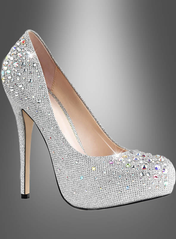 Ein Paar „High Heels Silber Glitzer Größe 37“ mit geschlossener Spitze und funkelnden Strasssteinen, präsentiert vor einem grau verlaufenden Hintergrund.