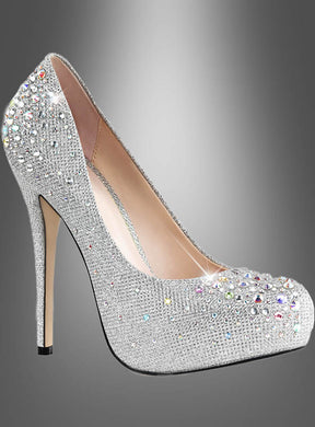 Ein Paar „High Heels Silber Glitzer Größe 37“ mit geschlossener Spitze und funkelnden Strasssteinen, präsentiert vor einem grau verlaufenden Hintergrund.