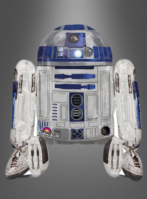R2-D2 Airwalker-Folienballon, 86 x 96 cm, in Metallic-Blau, Weiß und Silber, abgebildet vor grauem Hintergrund.