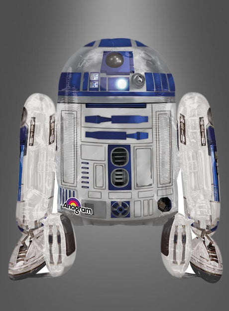 R2-D2 Airwalker-Folienballon, 86 x 96 cm, in Metallic-Blau, Weiß und Silber, abgebildet vor grauem Hintergrund.