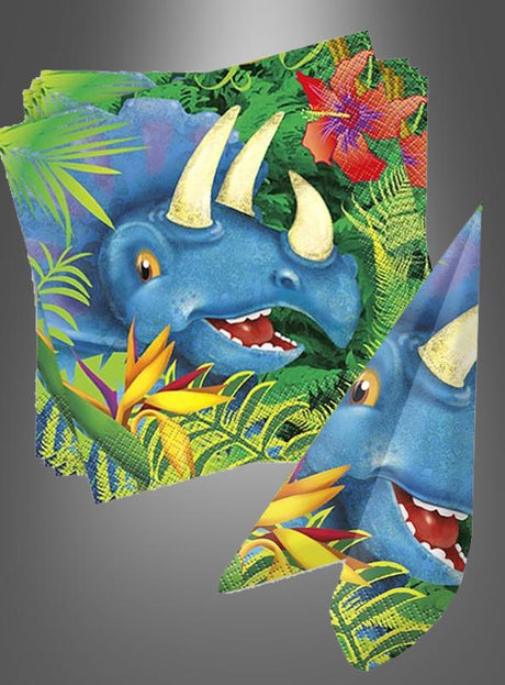 Bunte Dino-Servietten, 33 cm, mit einem lächelnden blauen Triceratops vor einem Dschungel- und Blumenhintergrund, flach ausgebreitet und gefaltet.
