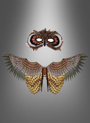 Der „Eulenflügel mit Maske für Vogelkostüm“ wird vor einem grauen Hintergrund mit Farbverlauf präsentiert und ist damit die perfekte Ergänzung für jedes einzigartige Vogelkostüm.