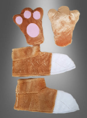 Ein Set aus Maskottchen-Schuhüberzügen und Handschuhen, bestehend aus braunen Plüsch-Tierpfoten-Fäustlingen und passenden braun-weißen Plüsch-Tierpantoffeln, wird vor einem grauen Hintergrund präsentiert – perfekt als Tierkostüm-Accessoire für Ihre nächste ausgelassene Kostümparty.