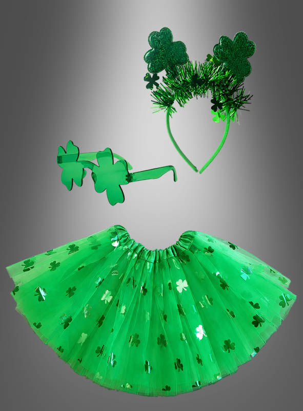 Glücksfee-Kostümset, 3-teilig, mit Kleeblattmuster – bestehend aus einem grünen Stirnband, einer Sonnenbrille und einem Tutu, vertikal auf grauem Hintergrund angeordnet – das perfekte St. Patrick’s Day-Outfit für Damen zum stilvollen Feiern mit besonderem Kleeblatt-Charme.