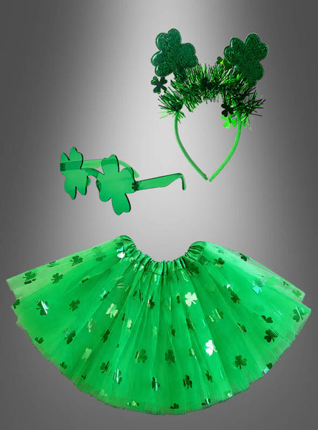 Glücksfee-Kostümset, 3-teilig, mit Kleeblattmuster – bestehend aus einem grünen Stirnband, einer Sonnenbrille und einem Tutu, vertikal auf grauem Hintergrund angeordnet – das perfekte St. Patrick’s Day-Outfit für Damen zum stilvollen Feiern mit besonderem Kleeblatt-Charme.