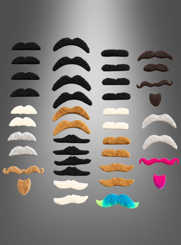 Ein 40-teiliges Bart-Set zum Aufkleben mit Schnurrbärten, falschen Bärten und Kinnbärten in verschiedenen Farben, Formen und Größen ist in vier vertikalen Spalten vor einem grauen Hintergrund mit Farbverlauf angeordnet.