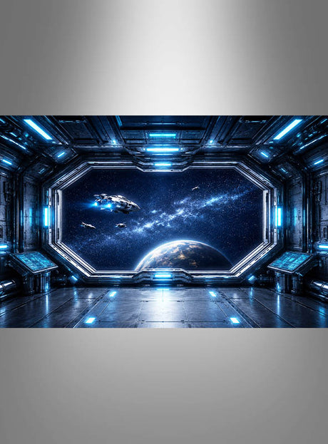Erleben Sie den Blick aus dem Fenster eines futuristischen Raumschiffs auf Planeten, Sterne und zahlreiche Raumschiffe, die durch den Weltraum rasen, während blaues Licht das elegante, metallische Interieur erhellt – ideal als „Weltall 170 x 200 cm Fotohintergrund Selfiewand“ für Ihr nächstes Science-Fiction-Motiv oder als Weltraum-Fotohintergrund.