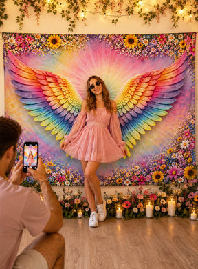 Eine Frau in einem rosa Kleid posiert vor dem „Bunte Flügel“-Fotopunkt (170 x 200 cm), während jemand ein Foto von ihr macht. Die Kulisse ist mit Blumen, Kerzen und Lichterketten geschmückt und bildet so die perfekte Partydekoration für unvergessliche Erinnerungen an der Fotowand.