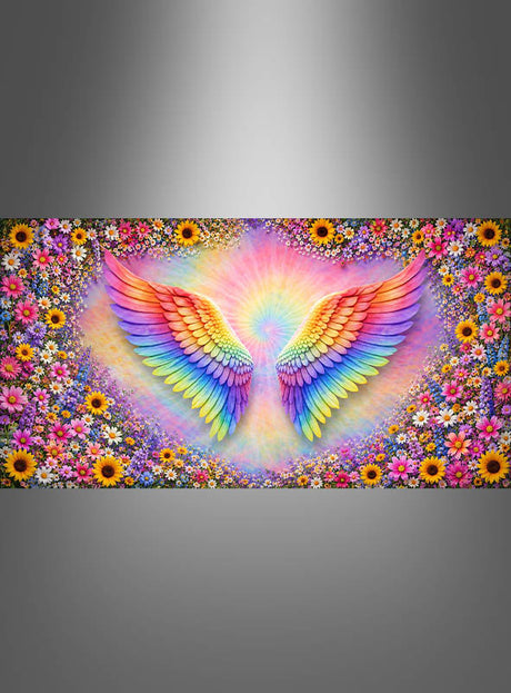 Der „Bunte Flügel 170 x 200 cm Party-Foto-Point“ besticht durch regenbogenfarbene Engelsflügel, umgeben von leuchtenden Blumen vor einem sanften, strahlenden Pastellhintergrund – damit ist er die perfekte Fotokabinenkulisse für die Partydekoration oder eine atemberaubende Fotowand bei jeder Feier.