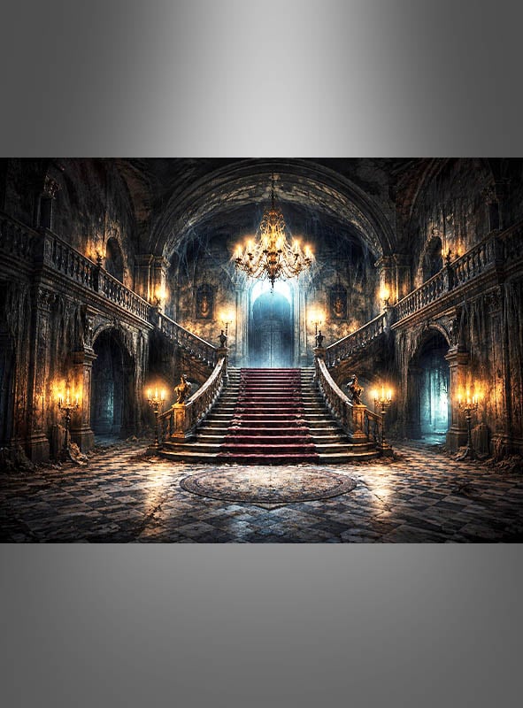 Die Fotowand „Spukschloss Freitreppe“ (170 x 200 cm) zeigt eine prächtige Treppe mit rotem Teppich, die zu einem gewölbten Torbogen in einer schummrigen, kunstvoll verzierten Halle führt. Kronleuchter und Wandlampen erhellen das dunkle, verwitterte Interieur mit Marmorböden und Balustraden – und schaffen so den perfekten Rahmen für Halloween-Dekorationen oder als gruselige Kulisse für ein Spukschloss.