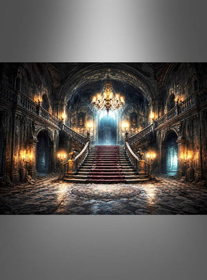 Die Fotowand „Spukschloss Freitreppe“ (170 x 200 cm) zeigt eine prächtige Treppe mit rotem Teppich, die zu einem gewölbten Torbogen in einer schummrigen, kunstvoll verzierten Halle führt. Kronleuchter und Wandlampen erhellen das dunkle, verwitterte Interieur mit Marmorböden und Balustraden – und schaffen so den perfekten Rahmen für Halloween-Dekorationen oder als gruselige Kulisse für ein Spukschloss.