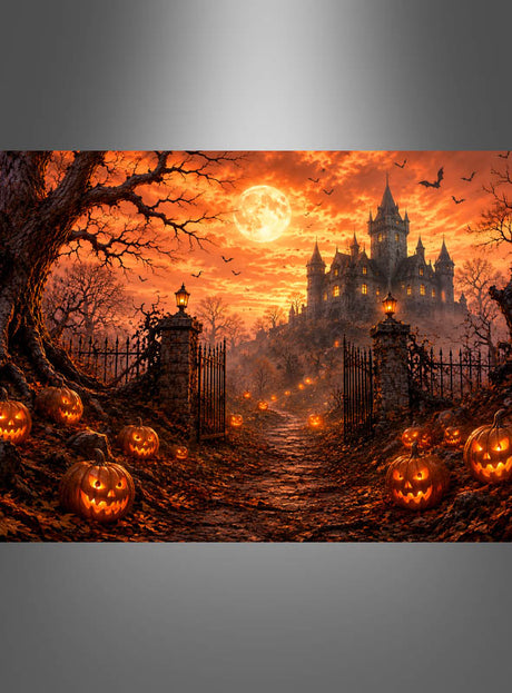 Ein von leuchtenden Kürbislaternen gesäumter Weg führt zu einer großen, unheimlichen Schlosskulisse unter einem orangefarbenen Himmel mit Vollmond und Fledermäusen am Himmel – die perfekte Kulisse für Ihre gruselige Feier mit dem Halloween-Hintergrund „Schloss mit Kürbissen“ (170 x 200 cm).