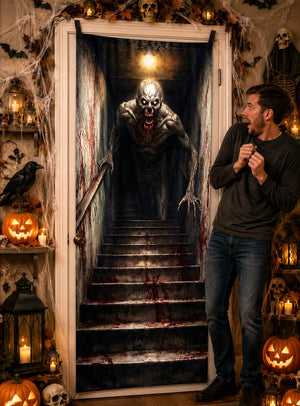 Ein Mann steht verängstigt neben einer Tür, die mit dem Stoffbanner „Zombie auf Kellertreppe“ (80 x 200 cm) für Halloween geschmückt ist, während Kürbisse, Kerzen und Totenköpfe die Szene umgeben.