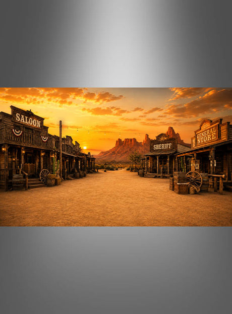 Erleben Sie den Zauber des Alten Westens mit unserer „Große Western Stadt“-Wanddekoration XXXL (300 x 500 cm), die eine lebhafte Stadtkulisse bei Sonnenuntergang zeigt: Holzgebäude mit den Aufschriften „Saloon“, „Sheriff“ und „General Store“ säumen eine breite unbefestigte Straße vor der Kulisse majestätischer Berge – eine beeindruckende Wild-West-Kulisse, ideal für eine authentische „Western Stadt“-Wanddekoration oder ein eindrucksvolles XXL-Stoffbanner.