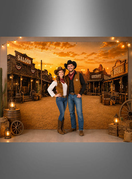 Zwei Personen in Cowboy-Kleidung stehen bei Sonnenuntergang vor einer Kulisse im Western-Stil mit Schildern, die einen Saloon, einen Sheriff und einen Gemischtwarenladen darstellen. Die „Große Westernstadt-Wanddeko XXXL 300 x 500 cm“ schafft die perfekte Wildwest-Szene, wobei das beeindruckende XXL-Stoffbanner Ihrer „Westernstadt-Wanddeko“ eine authentische Note verleiht.