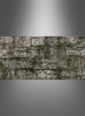 Ein Abschnitt einer alten Steinmauer mit sichtbaren Rissen und spärlicher, vertrockneter Vegetation vor einem grauen Hintergrund mit Farbverlauf – ideal als „Steinmauer-Wanddekoration aus Stoff 80 x 400 cm“, um Ihrer Halloween-Dekoration ein authentisches mittelalterliches Flair zu verleihen, oder als einzigartiges „Stoffbanner Mittelalter“.