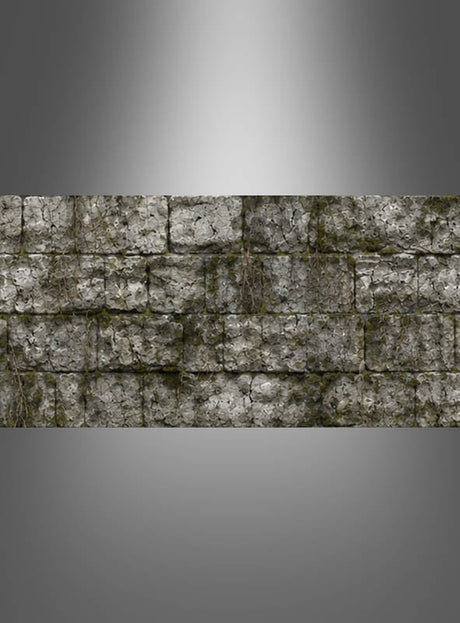 Ein Abschnitt einer alten Steinmauer mit sichtbaren Rissen und spärlicher, vertrockneter Vegetation vor einem grauen Hintergrund mit Farbverlauf – ideal als „Steinmauer-Wanddekoration aus Stoff 80 x 400 cm“, um Ihrer Halloween-Dekoration ein authentisches mittelalterliches Flair zu verleihen, oder als einzigartiges „Stoffbanner Mittelalter“.