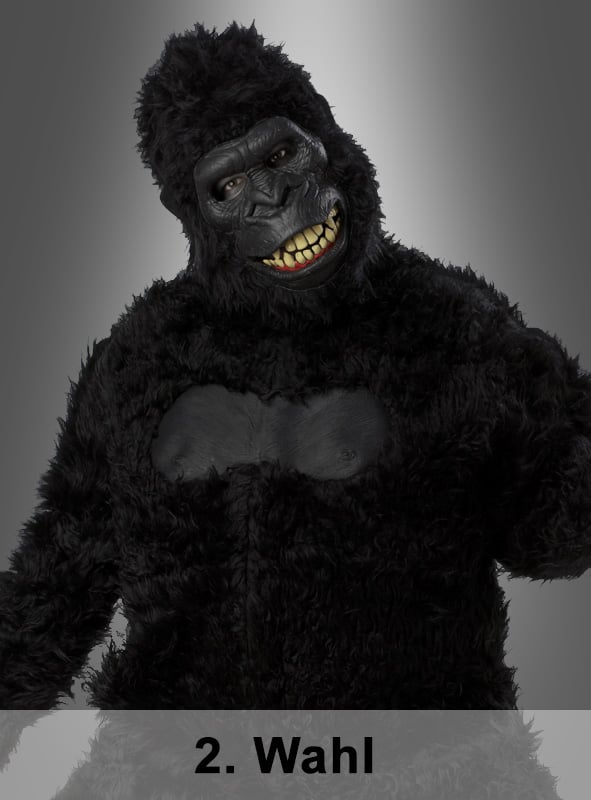 Eine Person, die das „2. Wahl Gorilla-Kostüm mit beweglicher Ani-Motion-Maske“ trägt, steht vor einem grauen Hintergrund mit Farbverlauf. Sie trägt das beeindruckende, dunkle, pelzige Tierkostüm für Herren, das sich ideal als Karnevalskostüm in Größe XL eignet. Der Text unten lautet „2. Wahl“.
